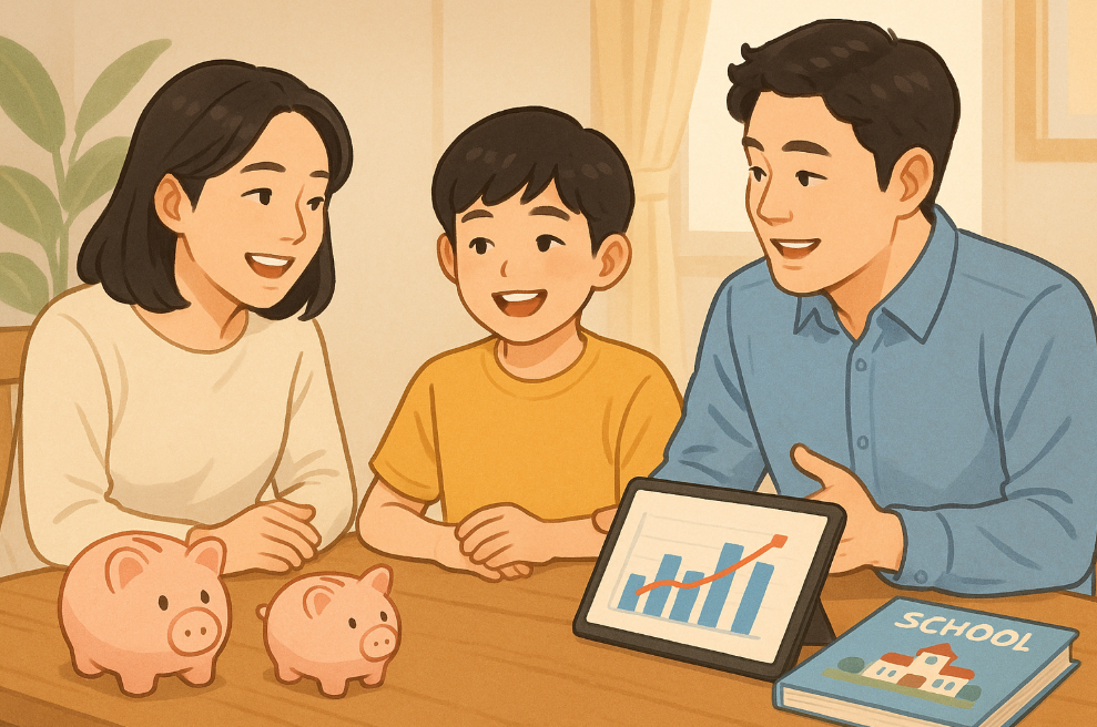 학자금 마련을 위해 교육 적금과 어린이 펀드를 고민하는 가족의 모습