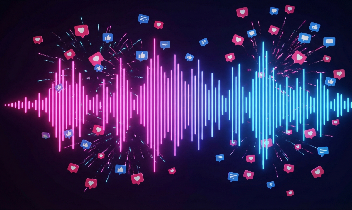 헤으응이라는 소리가 퍼져나가는 것을 형상화한 네온 사운드 웨이브 그래픽