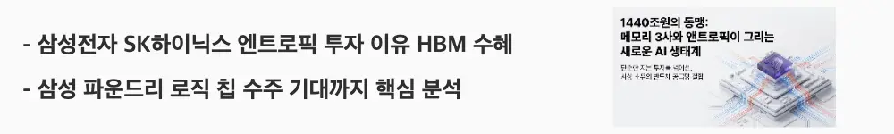 '삼성전자 SK하이닉스 엔트로픽 투자 이유 HBM 수혜'라는 문구가 포함된 웹배너 이미지. 이 이미지는 삼성전자와 SK하이닉스가 엔트로픽에 투자한 이유로 HBM 공급 확대와 삼성 파운드리 로직 칩 수주 기대를 시각적으로 전달하며, 블로그의 메모리 반도체 수혜 분석과 관련된 내용을 설명함
