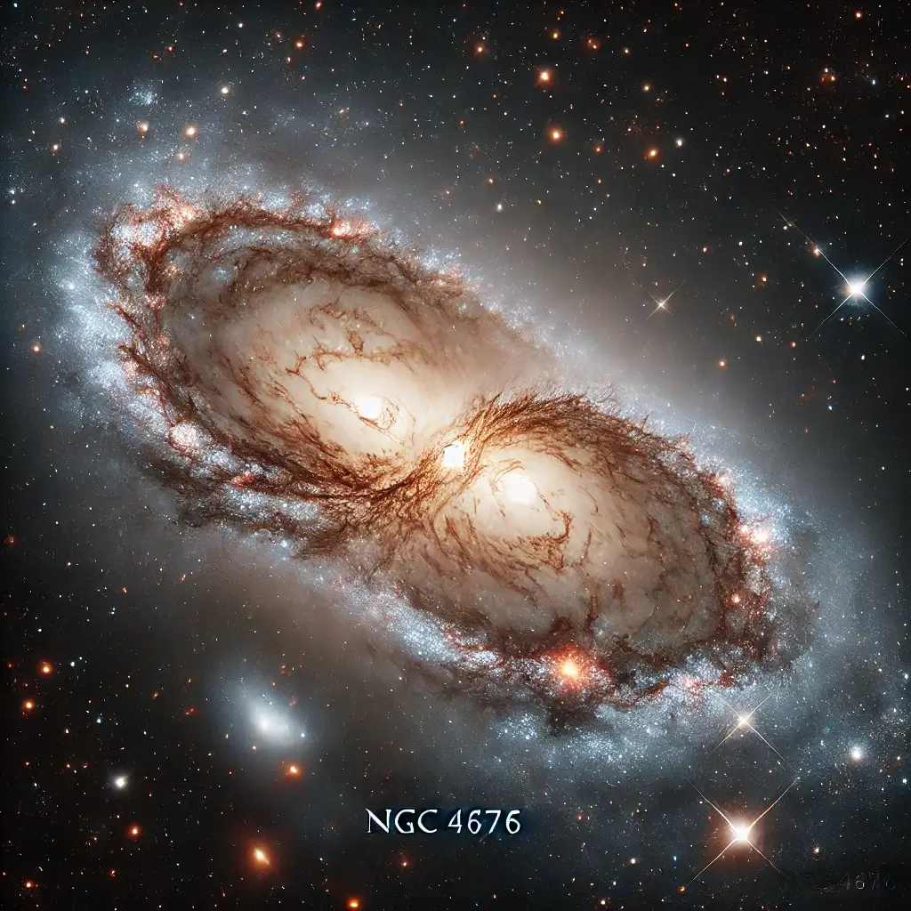 생쥐은하의 모습 두 거대 은하가 충돌하는 모습처럼 합쳐지고 있는 모습이다.