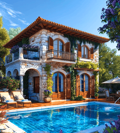 하얀 벽돌로 지은 이층 주택이 있고 앞마당엔 파란 수영장이 있다. 주변엔 나무와 꽃이 가득한 멋진 집이다.