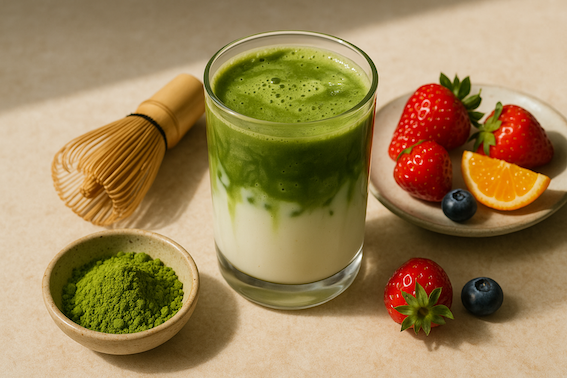말차를 건강하게 섭취하기 위해 과일이 필요하다는 이미지