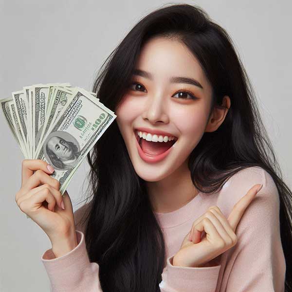 많은 돈을 들고 기뻐하는 여성 이미지