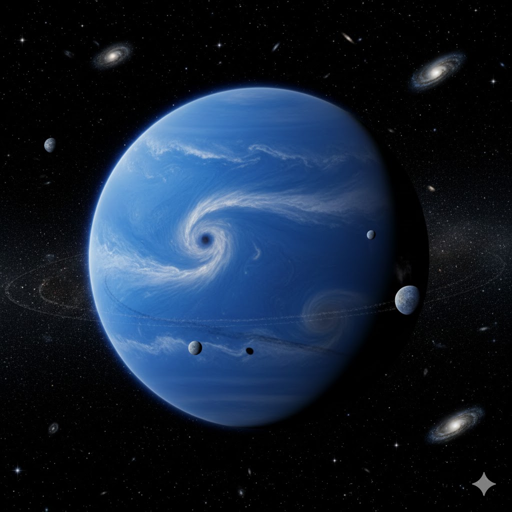 깊은 우주의 어둠 속에서 강렬한 파란색으로 빛나는 해왕성의 모습입니다. 대기 상층부의 하얀 구름 띠와 거대한 폭풍의 흔적이 선명하게 보이며, 행성을 가로지르는 가늘고 희미한 고리가 신비로움을 더합니다. 주변에는 작게 빛나는 위성들이 함께 배치되어 태양계 끝자락의 장엄한 분위기를 연출합니다