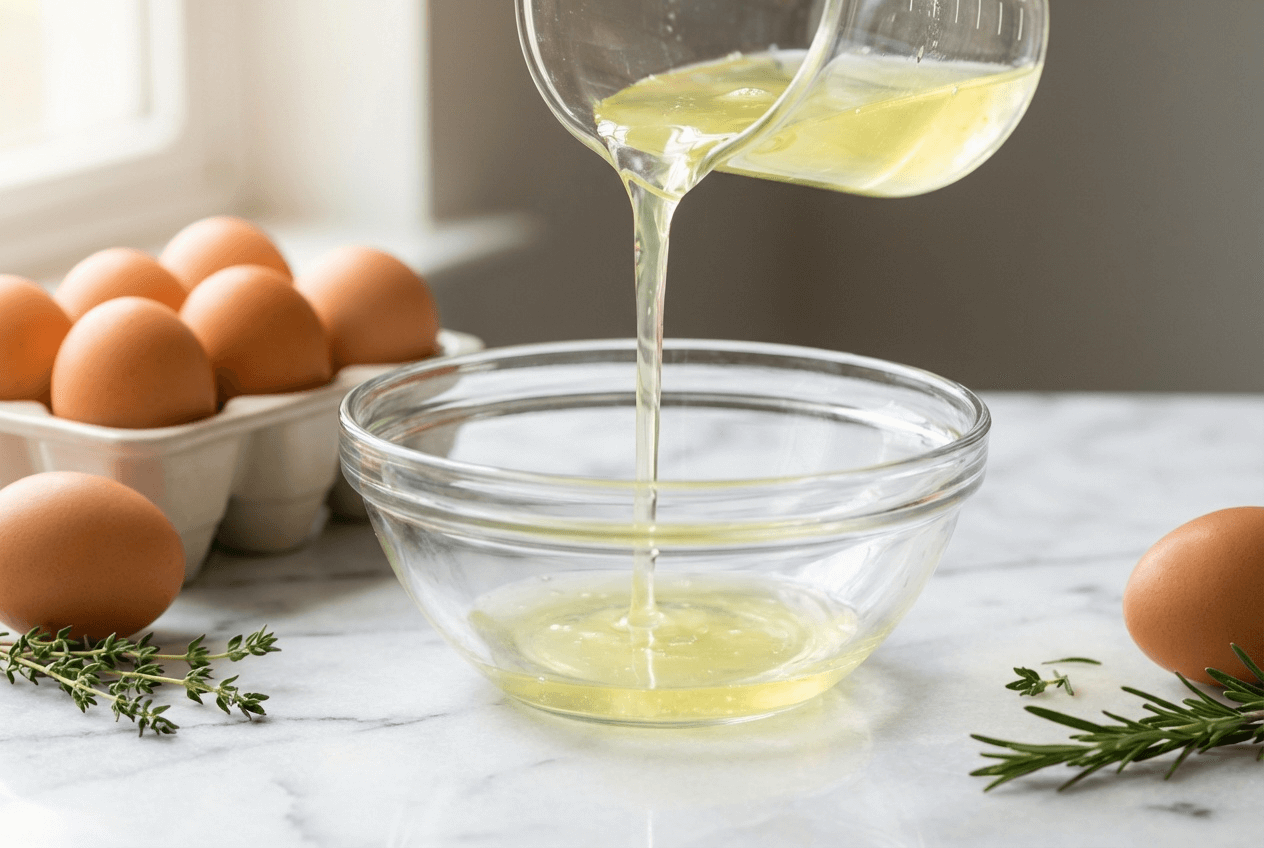 투명한 유리 용기에서 신선한 계란 흰자를 유리 그릇에 따르는 모습, 주변에 갈색 계란들과 허브가 놓인 대리석 테이블, 난백알부민의 천연 단백질 원료를 강조한 이미지