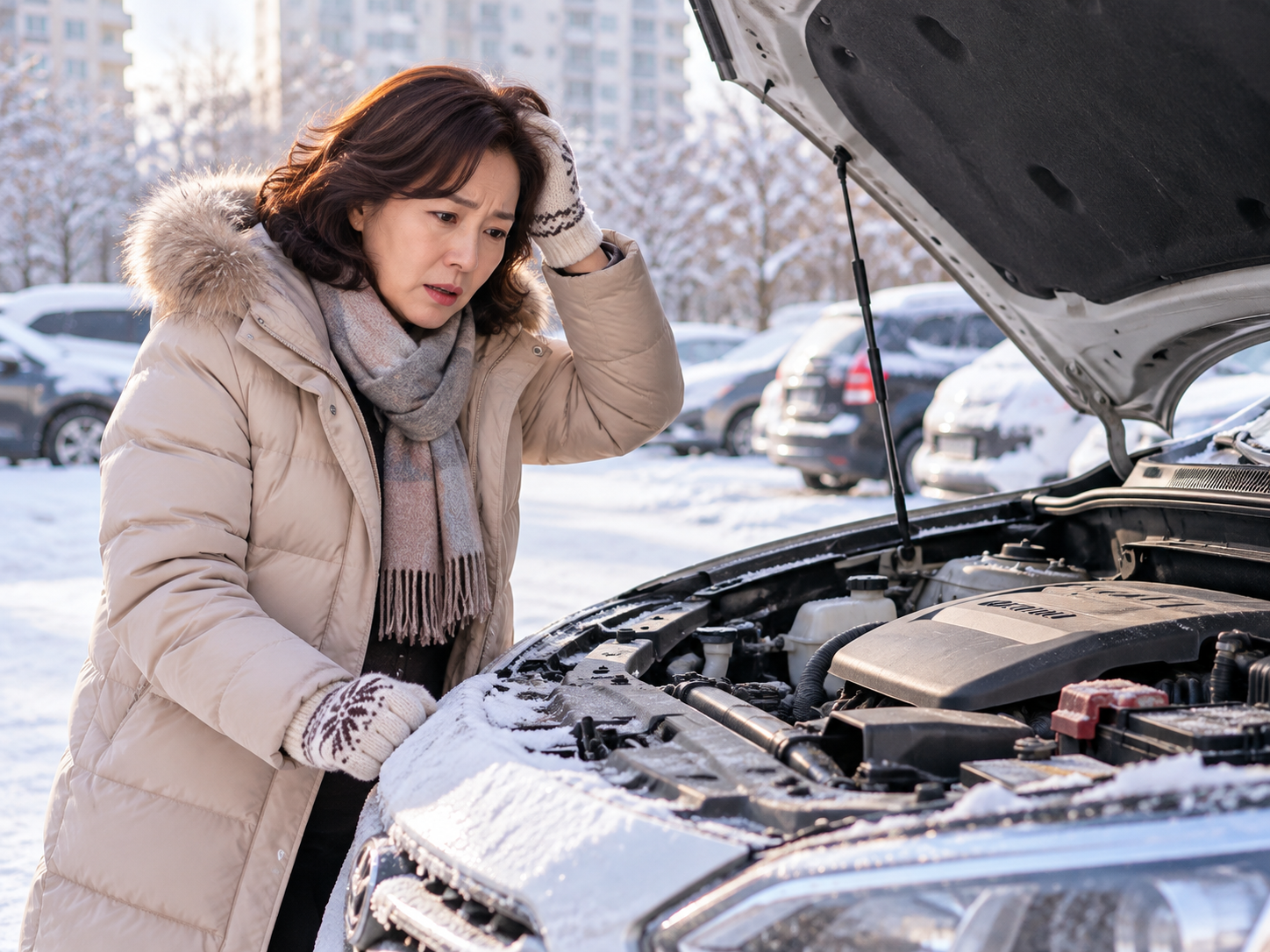 추운 겨울 아침 주차장에서 시동이 걸리지 않아 당황하는 운전자