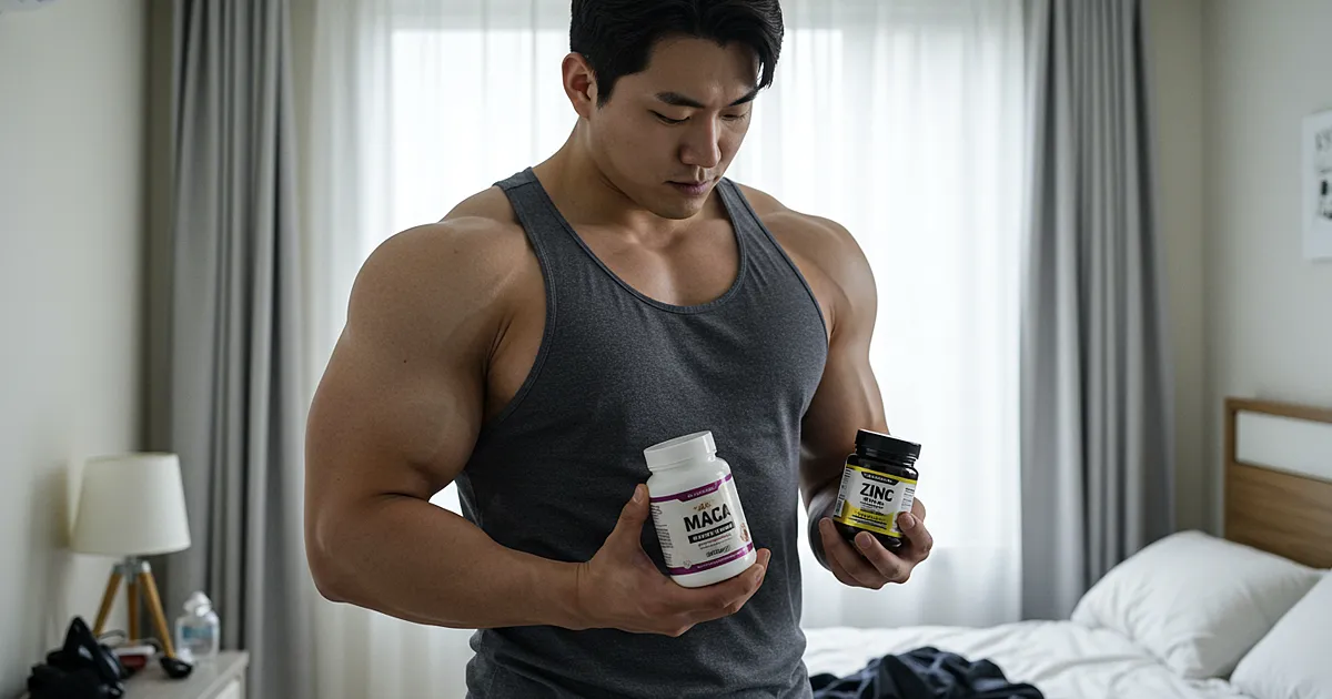 회색 민소매를 입은 보디빌더가 침실에서 마카와 아연 영양제를 비교하며 바라보는 장면