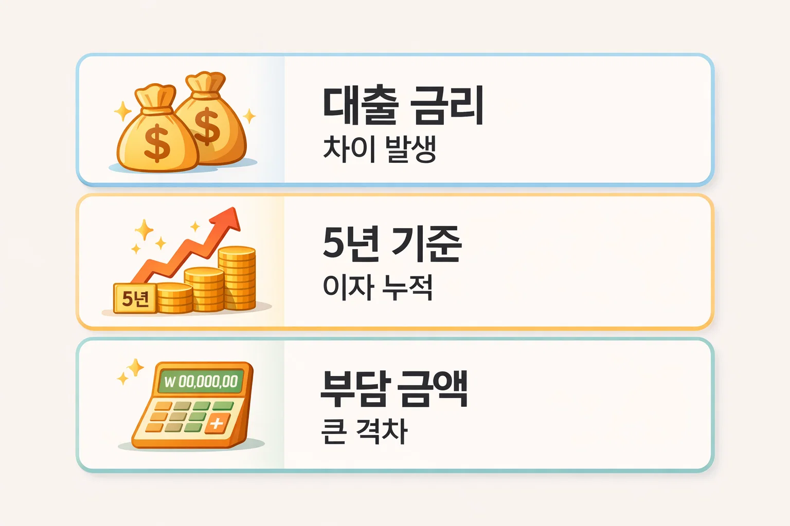 정부지원 사업자대출과 일반대출의 5년 기준 이자 누적 금액과 실제 부담액 차이를 계산해 절감 효과를 시각화한 인포그래픽