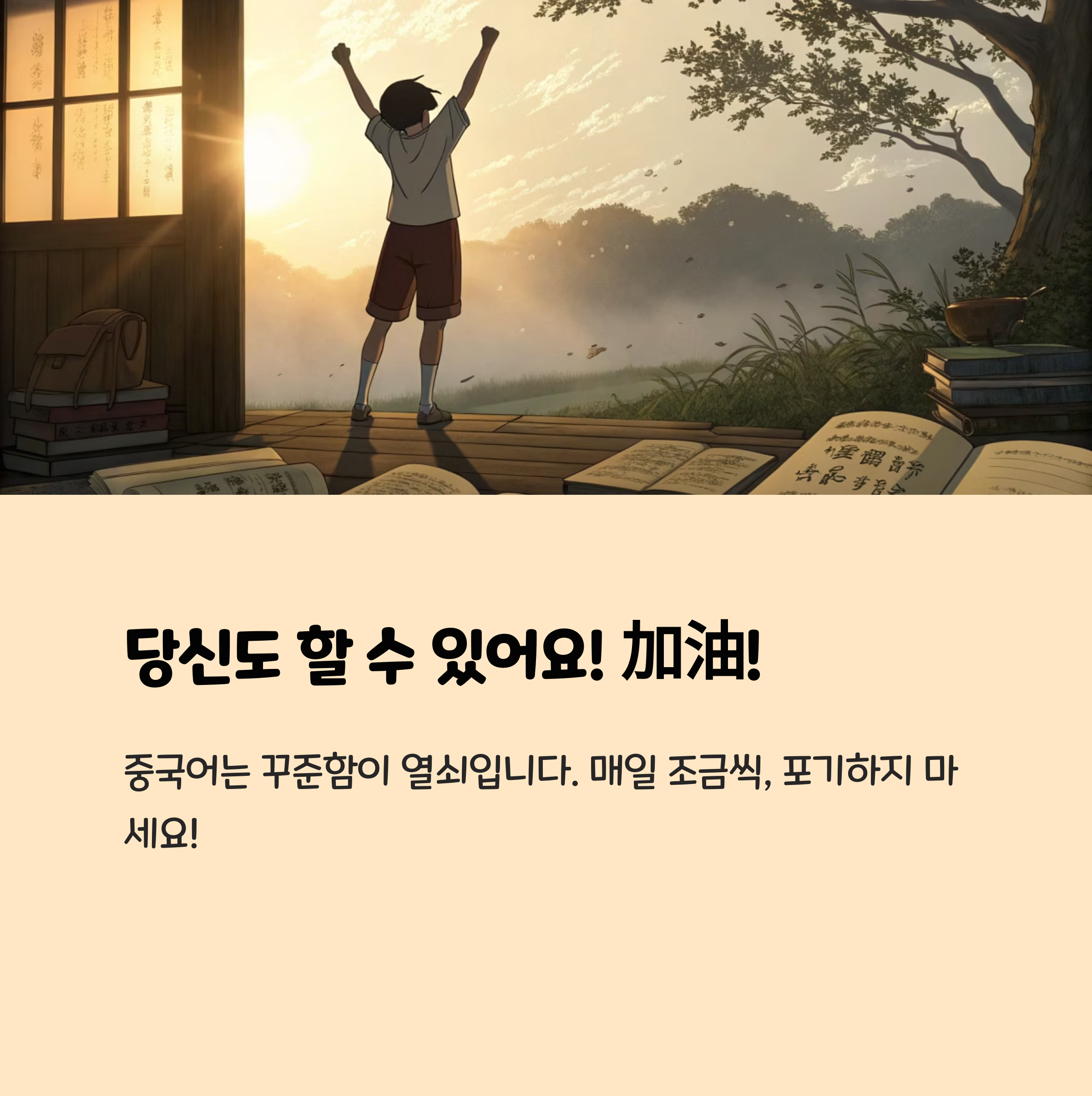 중국어 학습 응원 이미지 (예: 엄지척, 웃는 이모티콘)