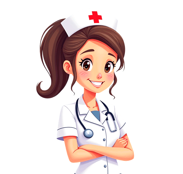 하얀색 의료복을 입은 여자 간호사가 팔짱을 낀채 정면을 보며 웃고 있다. 갈색머리를 하나로 묶었다.