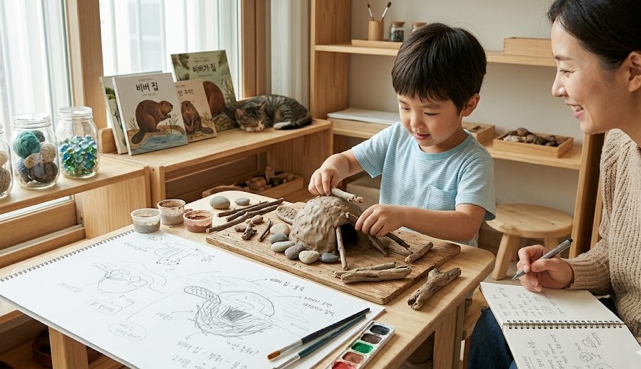 아이와 홈레지오 프로젝트 '비버'를 주제로 탐구를 확장하는 모습