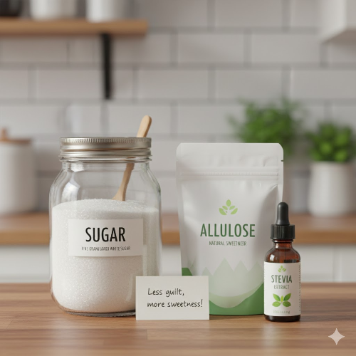 주방 선배에 놓인 설탕과 알룰로스 제품 비교 사진