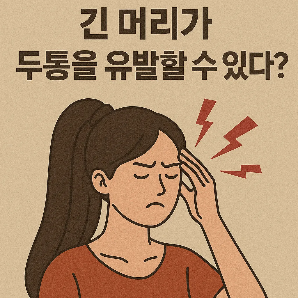 긴-머리를-묶은-여성이-두통으로-불편함을-느끼는-일러스트-이미지
