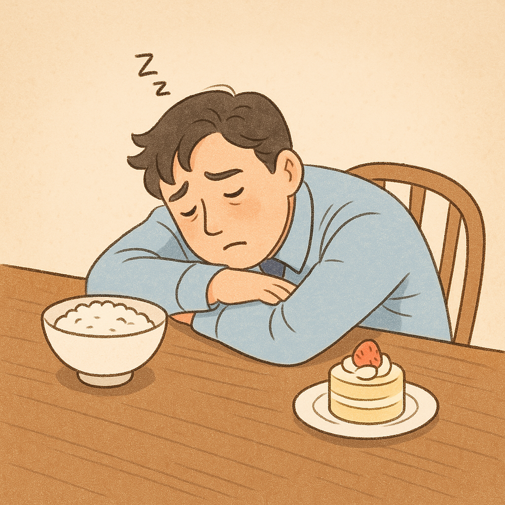 식후 졸림으로 식탁에 엎드려 있는 사람의 모습, 밥그릇과 디저트가 함께 놓여 있음