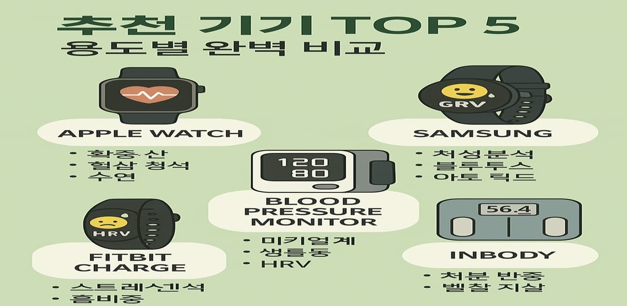스마트워치, 혈압계, 체성분계 등 5가지 추천 스마트헬스케어 기기와 기능을 비교한 인포그래픽
