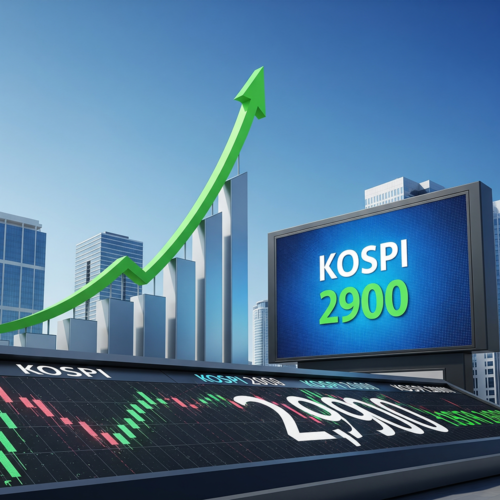 코스피 2900 돌파를 기념하는 한국 증시 시황 이미지