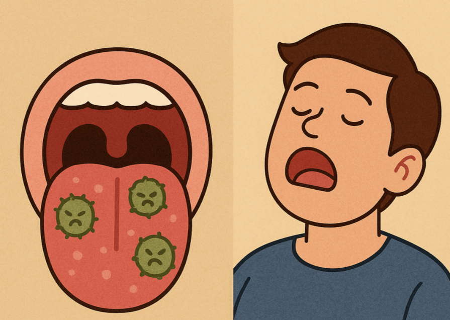 입냄새의 주요 원인을 보여주는 그림으로, 혀 위의 세균, 입 벌리고 자는 습관, 마늘과 술 등 냄새 유발 요인이 나타나 있습니다.