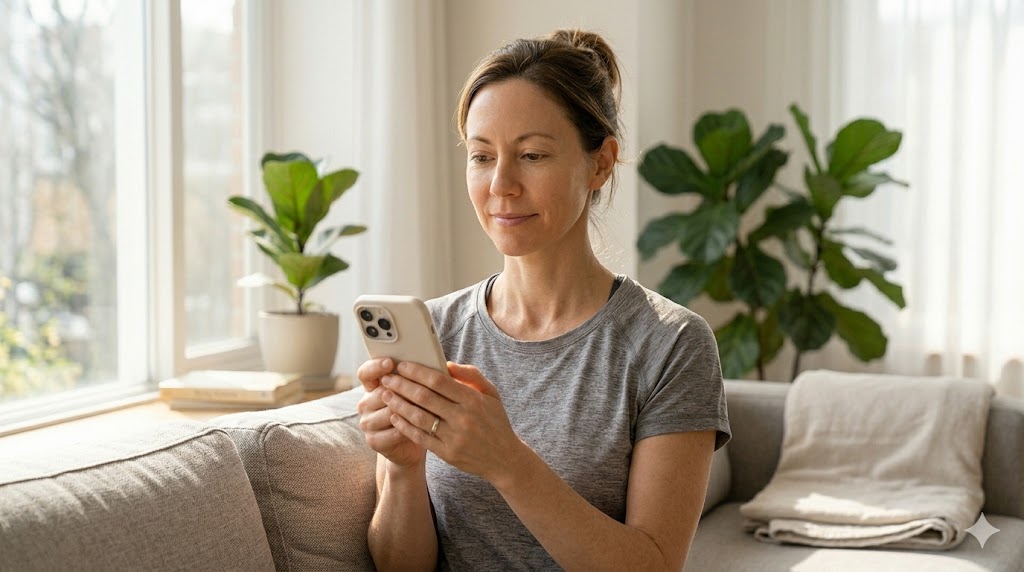 "햇살이 비치는 거실에서 한 여성이 스마트폰을 눈높이까지 들어 정면을 응시하며 사용하고 있는 모습. 목을 숙이지 않은 바른 자세를 보여주는 깨끗한 실사 이미지."
