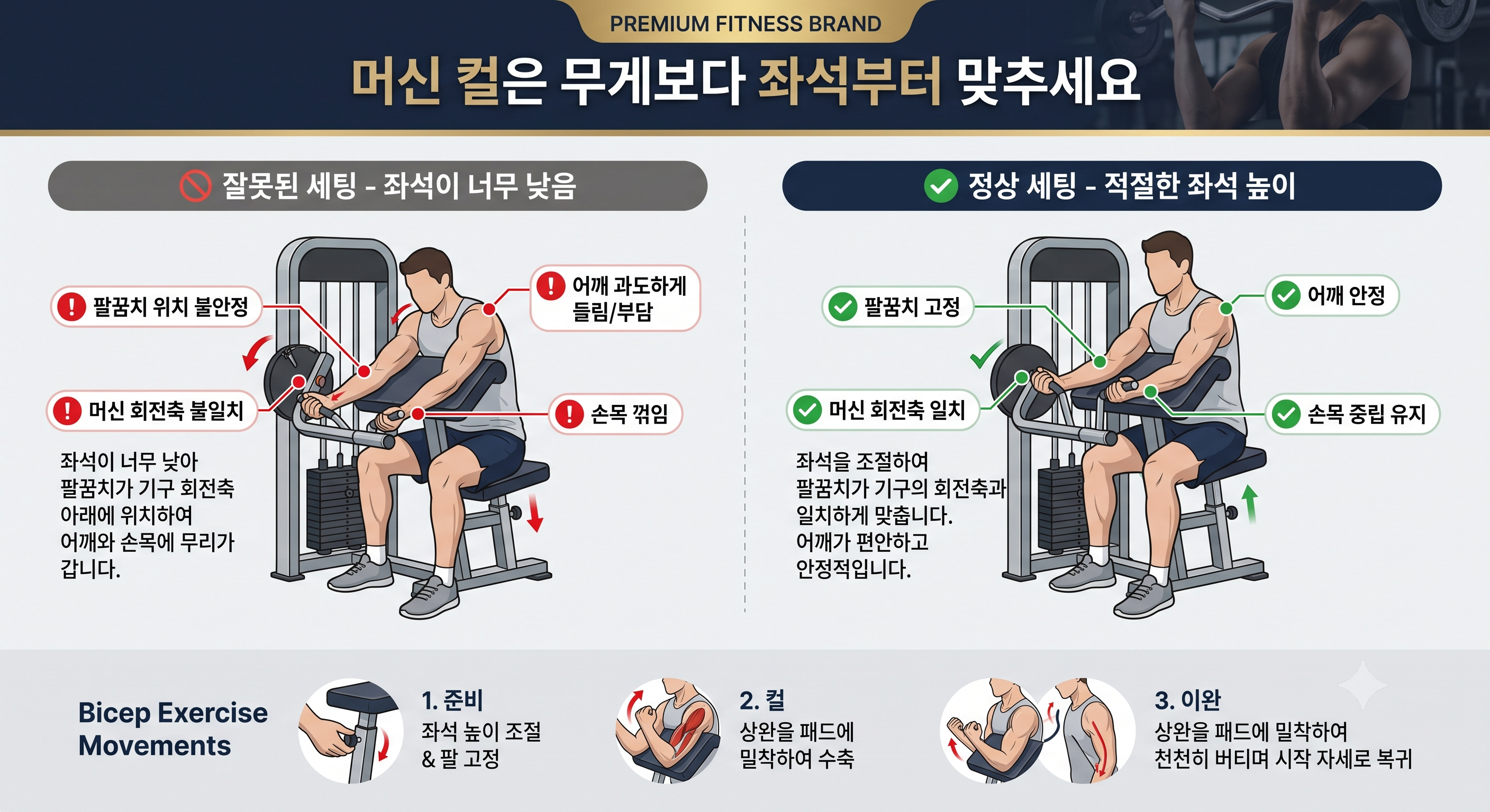 머신 컬은 무게보다 좌석부터 맞추세요