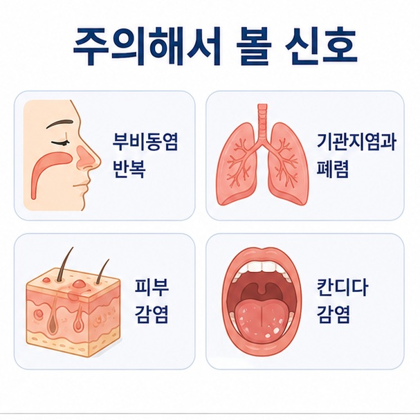 부비동염과 기관지염, 폐렴, 피부 감염과 칸디다 감염이 반복되는 모습을 주요 면역기능 저하 신호로 설명한 이미지