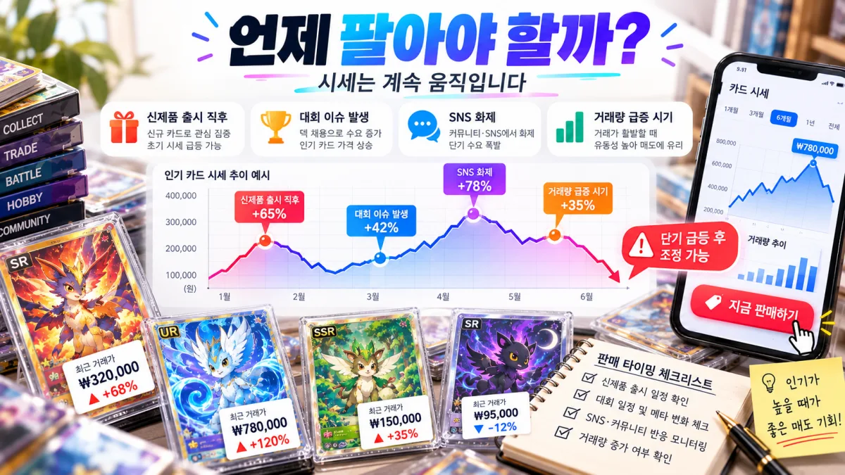 카드 거래 가격이 등락하는 상황과 판매시점 판단 기준을 보여주는 도표