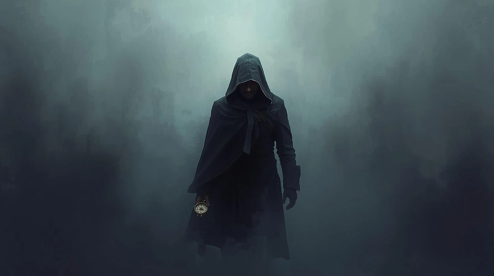 짙은 안개 속에서도 나침반을 보며 묵묵히 나아가는 여행자의 모습