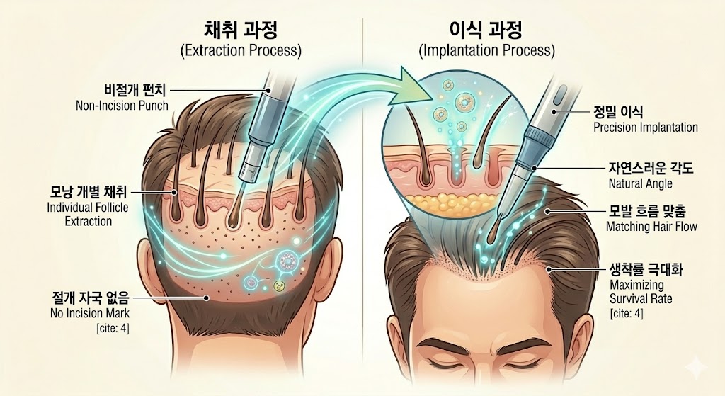 비절개 모발 이식(FUE)의 모낭 채취 및 이식 과정을 나타낸 의학 일러스트 (A medical illustration showing the follicle extraction and transplantation process of non-incision FUE hair transplant.)