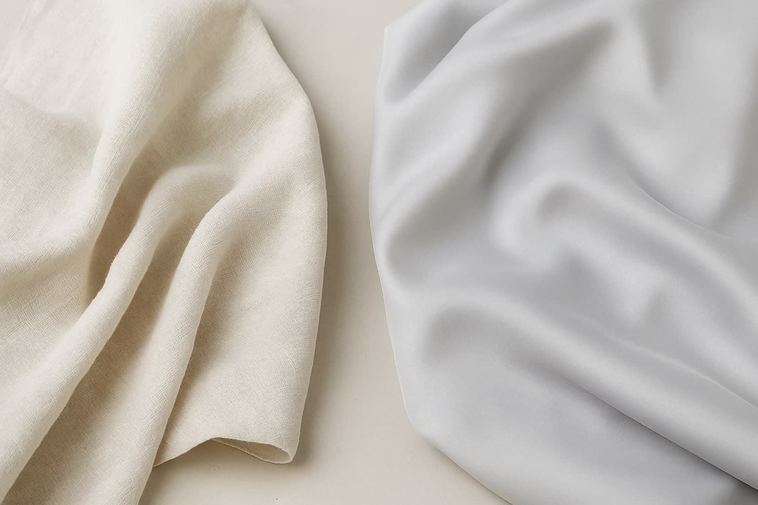 천연섬유와 합성섬유가 나란히 놓여 서로 다른 질감을 보여준다