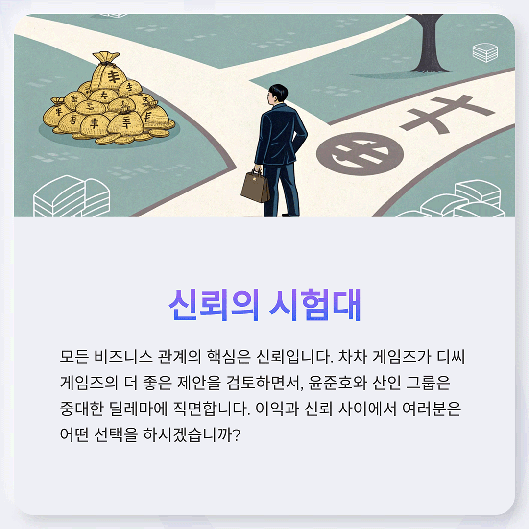 갈림길에 선 남성. 한쪽 길에는 돈, 다른 길에는 신뢰의 상징. 비즈니스에서 신뢰와 이익 사이의 선택을 의미.