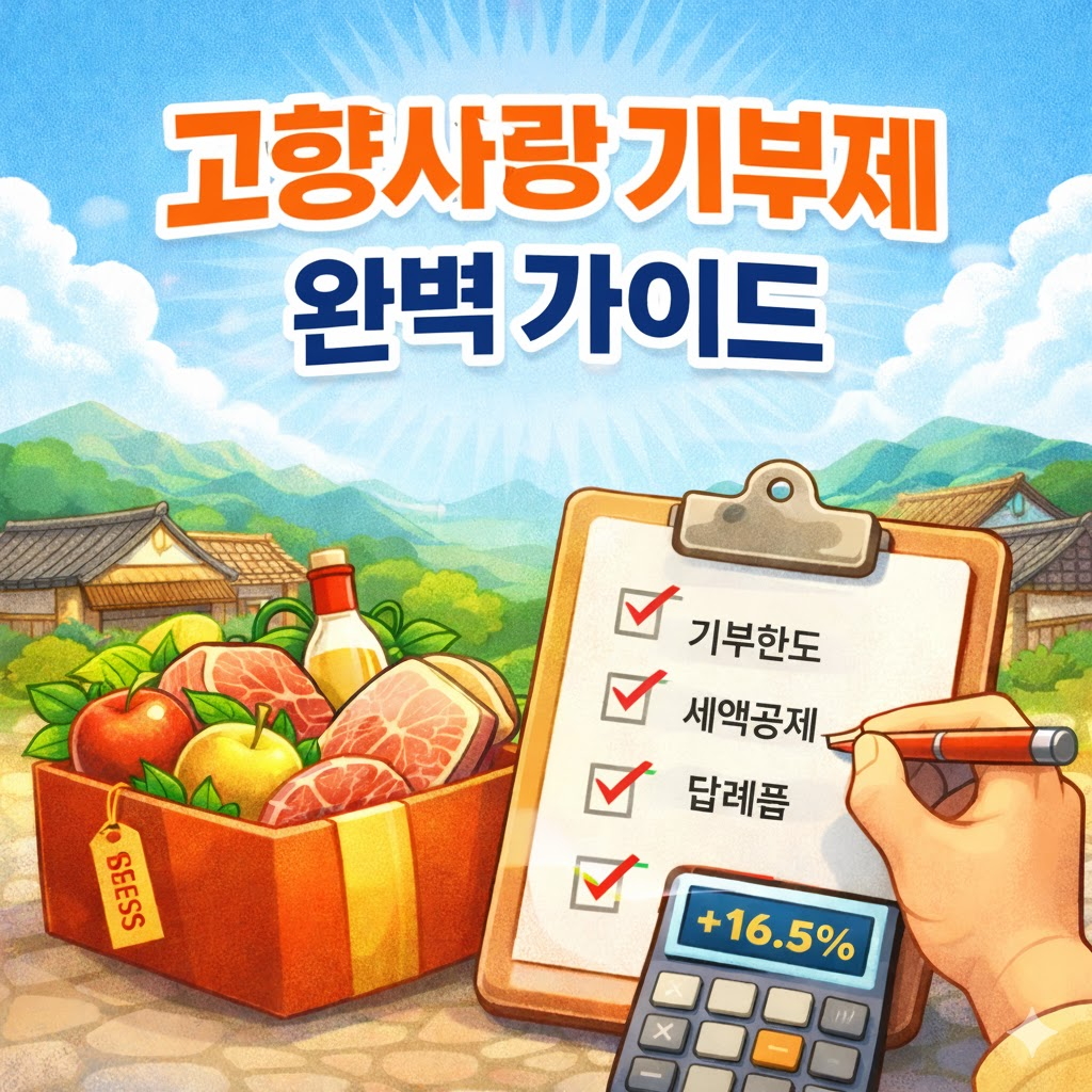 고향사랑기부제 가이드 일러스트. 답례품 상자와 함께 클립보드 체크리스트에 '기부한도', '세액공제', '답례품' 문구가 적혀 있는 모습.