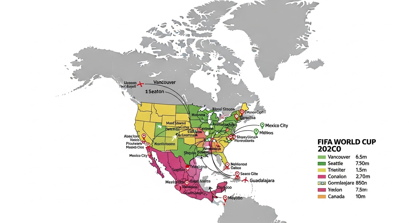 2026년 FIFA 월드컵 개최 도시들을 미국, 멕시코, 캐나다 국가별로 표시하고 주요 이동 경로를 보여주는 북미 지도 인포그래픽.