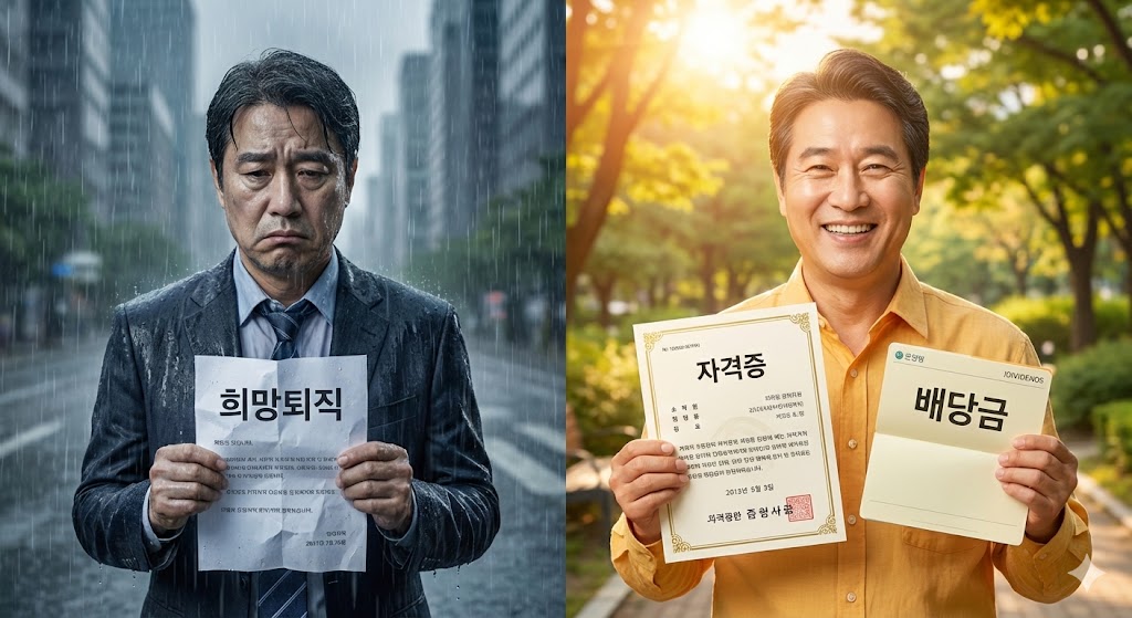 '희망퇴직 통지서'를 들고 한숨 쉬는 50대 가장과, 그 옆에 '자격증'과 '배당 통장'을 든 든든한 노후의 모습 대비