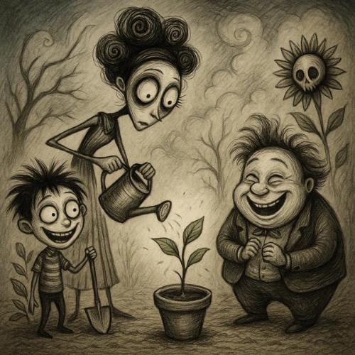 팀 버튼 스타일 일러스트, 작은 화분에 물을 주어 새싹이 자라나는 장면과 함께 정원을 가꾸며 웃고 있는 세 명의 기묘한 캐릭터들