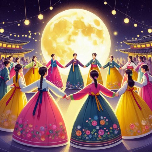 보름달 아래 여성들이 한복을 입고 강강술래를 하고 있다.