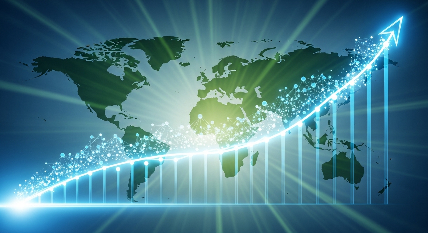 성장하는 그래프와 세계 지도를 배경으로 한 비전 이미지