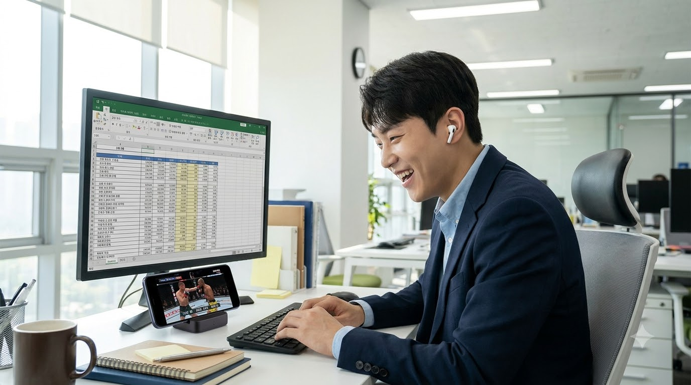 사무실 책상 모니터 아래에 스마트폰을 가로로 세워두고 이어폰 한쪽만 낀 채 MMA 중계를 몰래 시청하며 웃는 30대 남성 직장인
