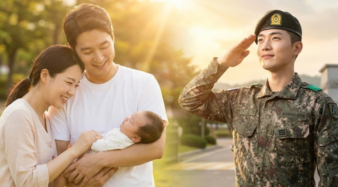 아기를 안고 있는 부부와 군인이 함께 웃으며 연금 혜택을 확인