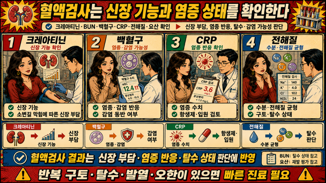 4. 혈액검사로 크레아티닌, 백혈구, CRP, 전해질을 확인해 신장 기능과 염증 상태를 평가하는 요로결석 검사 인포그래픽