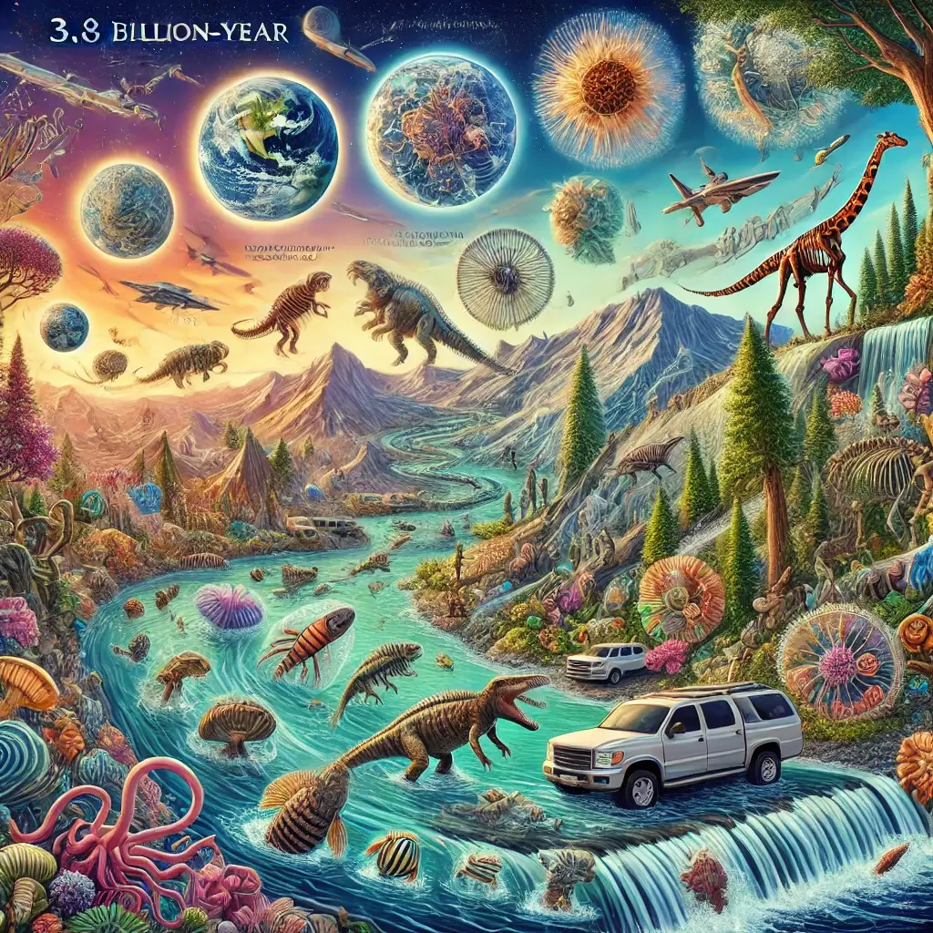 지구 생명체의 역사에 관련해서 여러가지 지구의 각 연대기에 맞는 생물들이 그려져 있다 공룡과 백악기 그리고 현생까지 과학과 미래와 과거의 그림들이 공존해 있다.