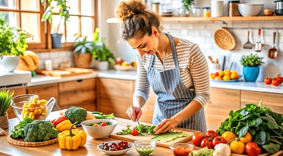 주방 식탁에 다양한 채소들이 가득하다. 여자가 도마에서 채소를 썰고 있다.