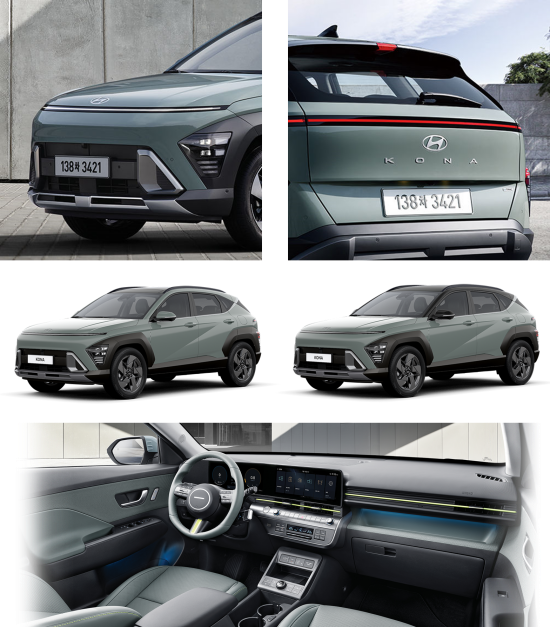 코나 풀체인지 디자인 전면 후면 측면 실내, 투톤 루프 적용 미적용 시의 차량의 모습입니다.