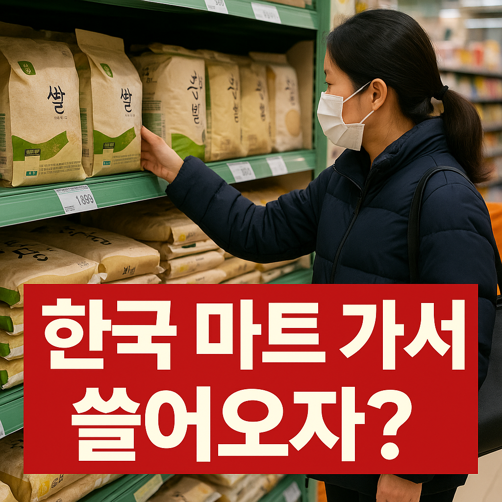 “한국 대형마트에서 쌀을 고르는 소비자의 모습, 일본 쌀값 상승과 대비되는 한국산 쌀 가격을 보여주는 장면”