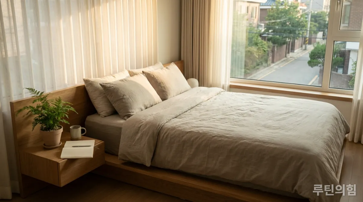 과학적으로 검증된 회복 루틴을 실천하는 평화로운 침실 풍경