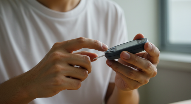 한국 남성이 손끝 채혈로 혈당기를 사용하는 모습