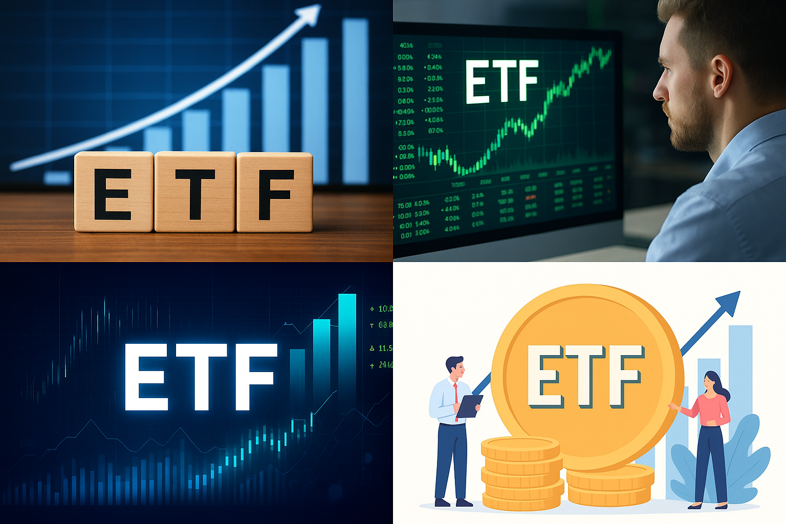 ETF(상장지수펀드)의 개념과 금융 시장 흐름을 시각적으로 표현한 이미지