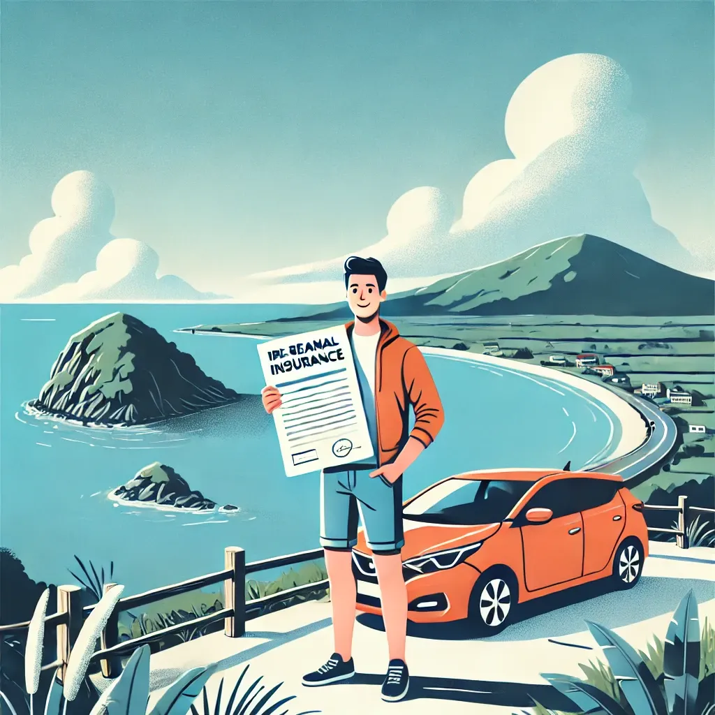 보험 서류를 들고 제주 해안을 즐기는 여행자