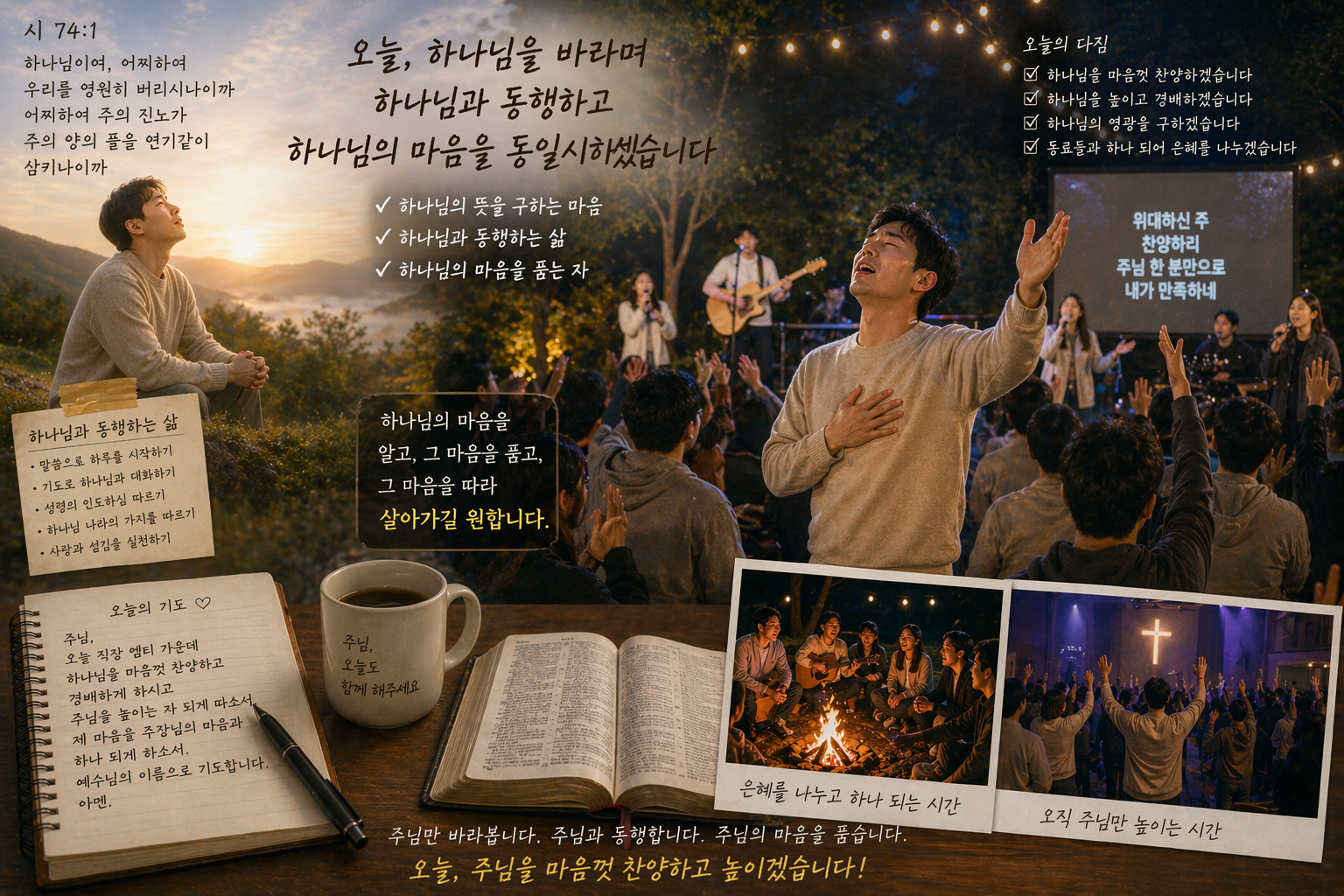 시 74:1 말씀에서 하나님을 바라며, 하나님과 동행하고, 하나님의 마음을 동일시하려는 선한 의도를 가질 것이 생각되었고, 그러한 마음을 따라, 오늘 직장인 엠티를 가게 되는데, 이 때 하나님을 마음껏 찬양하고 경배하며 높이는 자세를 가지려는 시도를 하는 모습입니다.