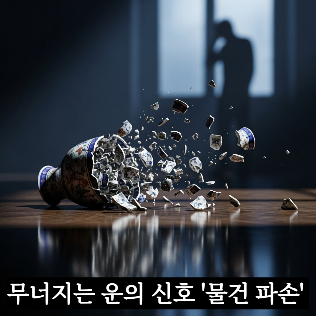 어두운 공간에서 화려한 도자기와 보석들이 산산조각 나며 파편이 사방으로 튀는 역동적이고 긴장감 넘치는 장면의 일러스트