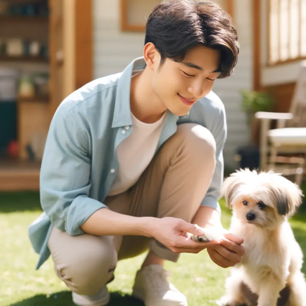 햇살 가득한 정원에서 반려견의 앞발을 살피며 미소 짓는 동양인 젊은 남성의 초고해상도 사진