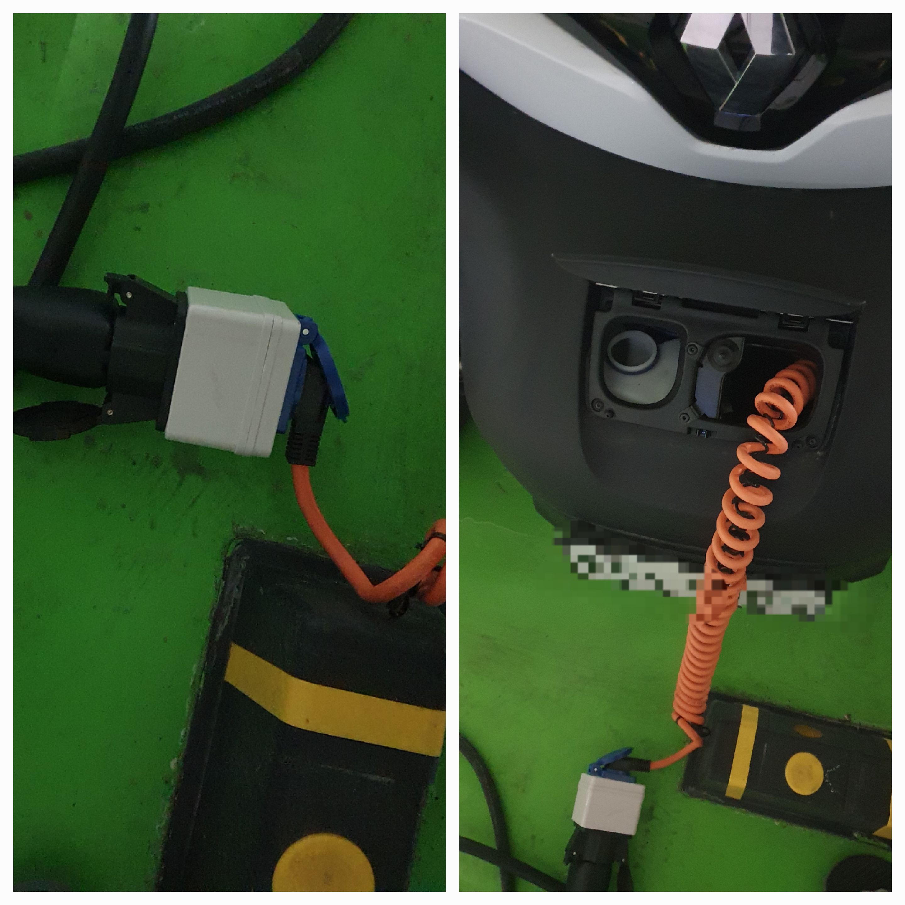 먼저 차지비 충전기에서 5핀 충전기를 이군젠더에 꼽고, 뒤에 트위지에서 220v 플러그 빼서 꼽으면 충전시작!